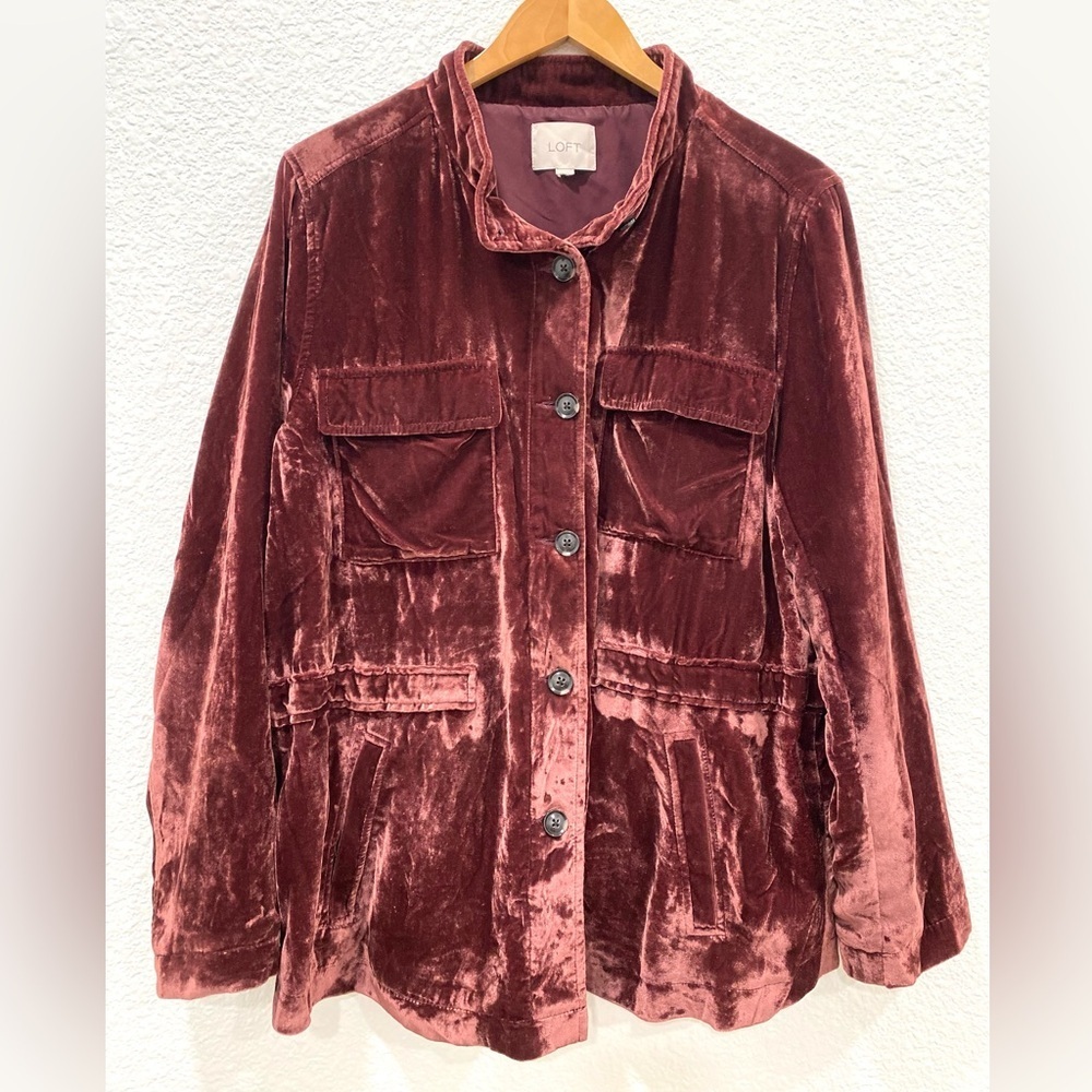 LOFT Crushed Velvet Utility Jacket Deep Burgundy Women’s size L/XL